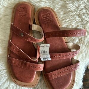 Frye Cognac Leather Triple-Strap Slide Sandals